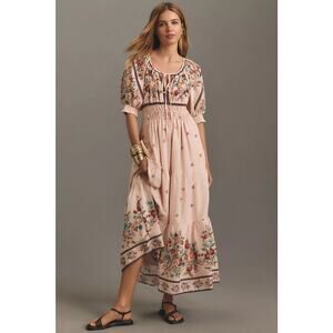 Anthropologie Floral Embroidered Maxi Dress - Pink and Red